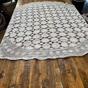 Vintage Handmade Oval Crochet White Tablecloth Soft Cotton 54" x 55" Cottage